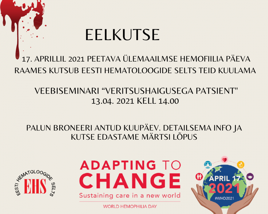 Täiendatud! Eesti Hematoloogide Selts korraldab "Veritsushäirete seminari" (13.04.21 ja 17.04.21)